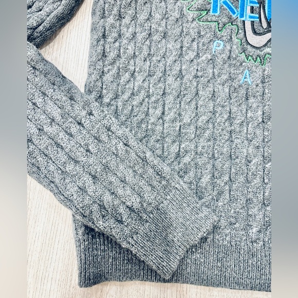 Kenzo Paris Embroidered Logo Tiger Gray Wool Cable Knit Sweater - Picture 5 of 8